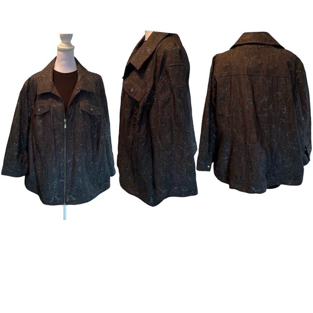 Peter Nygard Black Denim with Silver Sparkle Embroidered Detail Jacket Size 22
